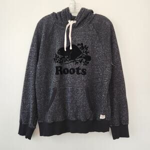 Roots Canada Hoodie Mens M Black Heather Sweatshirt Beaver Logo Gorpcore Classic